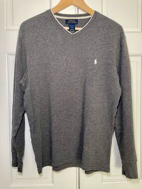 Polo Ralph Lauren Men's L Waffle-Knit Thermal V Neck Shirt Gray Preppy